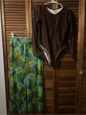 Brown Long-Sleeve One-Piece Swimsuit with Green Patterned Cover-Up